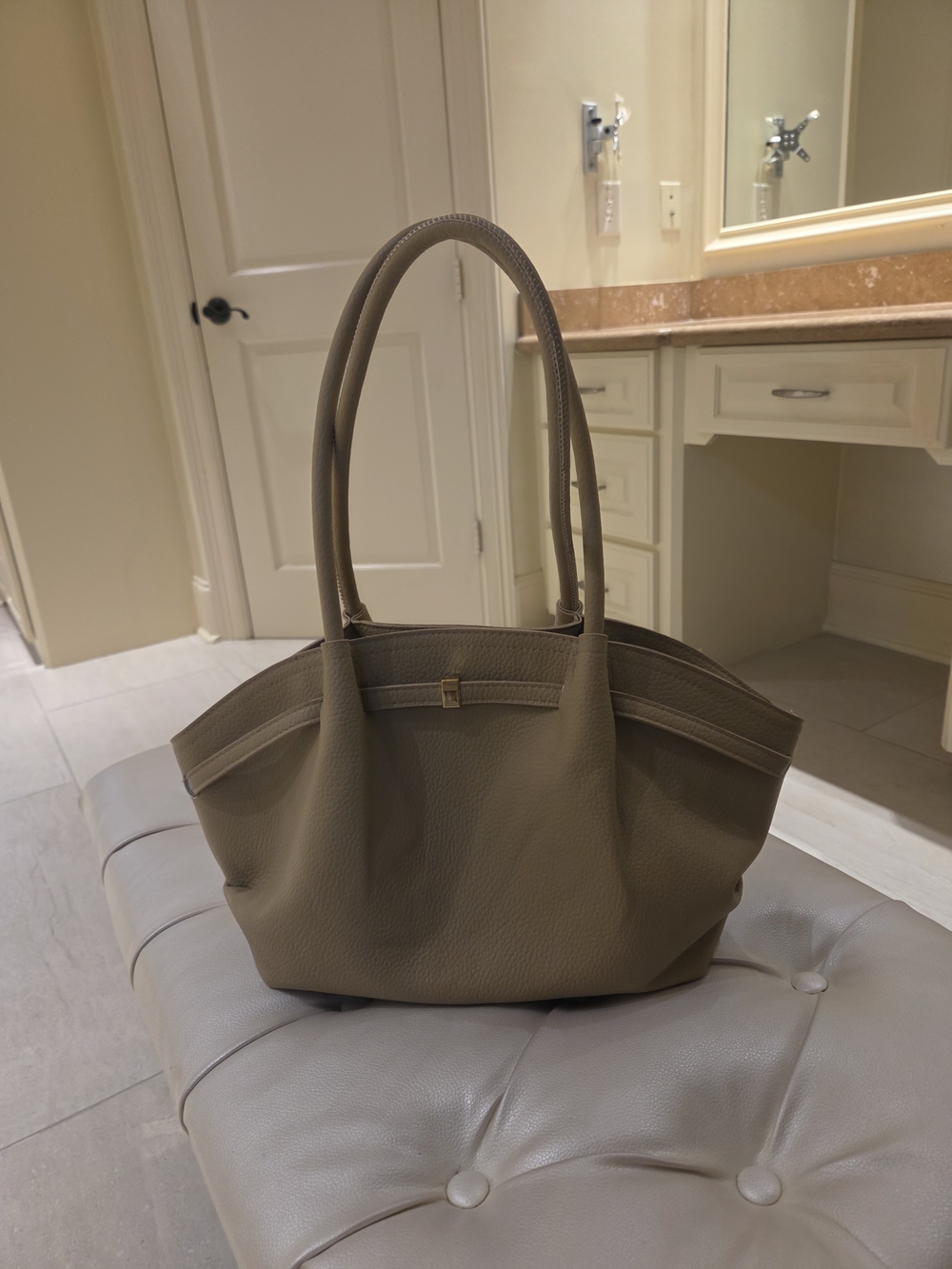 Taupe Leather Tote Bag with Double Handles